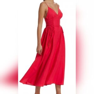 Farm Rio Linen-Blend Lace-Up Midi-Dress Red Nwot Size Small